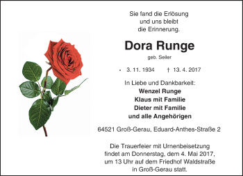 Traueranzeige von Dora Runge von Trauerportal Echo Online