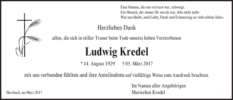 Traueranzeige für Ludwig Kredel vom 29.04.2017 aus Trauerportal Echo Online