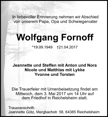 Traueranzeige von Wolfgang Fornoff von Trauerportal Echo Online