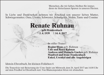 Traueranzeige von Renate Ruhnau von Trauerportal Rhein Main Presse