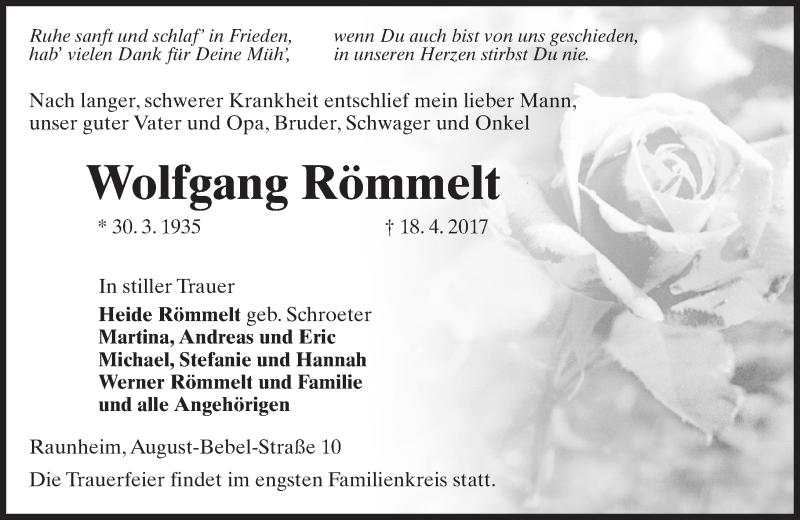  Traueranzeige für Wolfgang Römmelt vom 22.04.2017 aus Trauerportal Rhein Main Presse