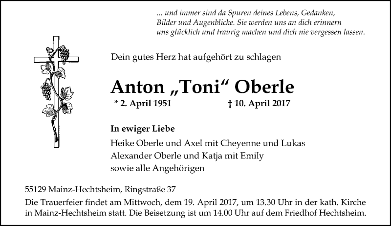  Traueranzeige für Anton  Oberle vom 15.04.2017 aus Trauerportal Rhein Main Presse