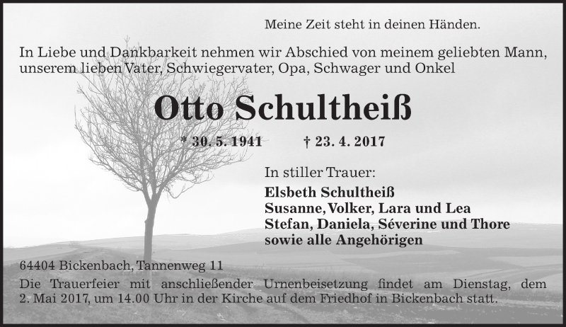  Traueranzeige für Otto Schultheiß vom 29.04.2017 aus Trauerportal Echo Online