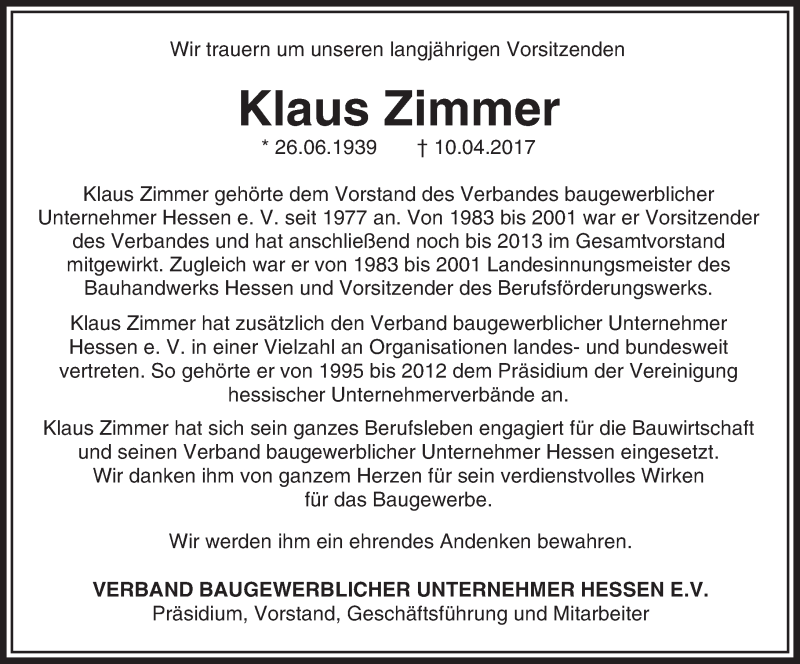  Traueranzeige für Klaus Zimmer vom 15.04.2017 aus Trauerportal Echo Online
