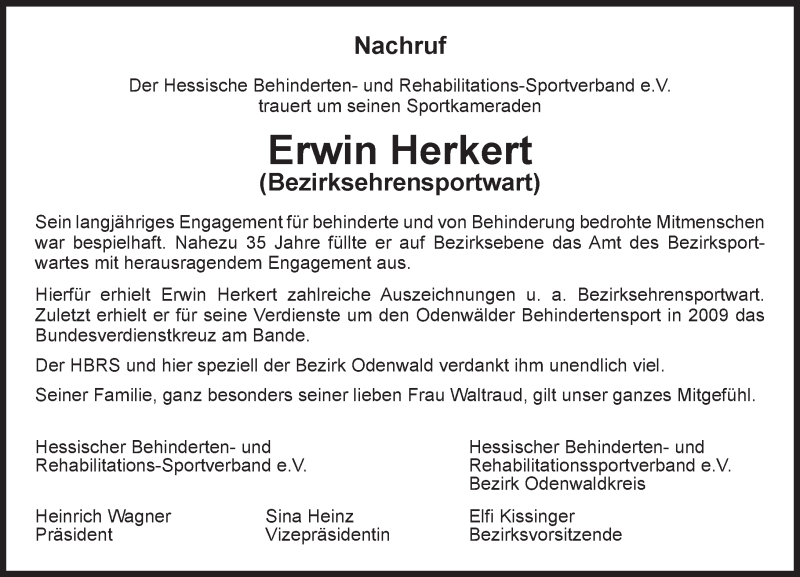  Traueranzeige für Erwin Herkert vom 28.04.2017 aus Trauerportal Echo Online
