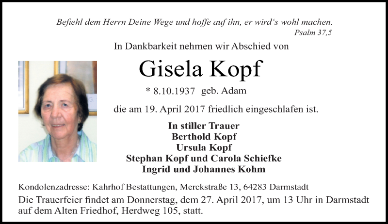  Traueranzeige für Gisela Kopf vom 22.04.2017 aus Trauerportal Echo Online