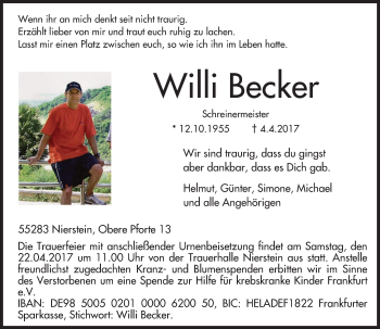 Traueranzeige von Willi Becker von Trauerportal Rhein Main Presse