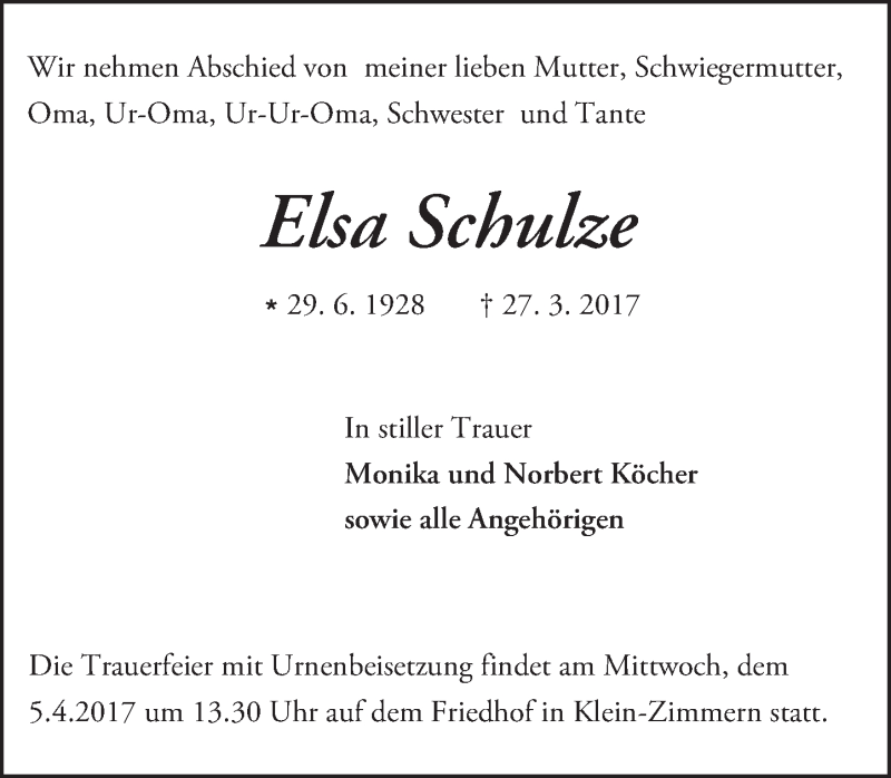  Traueranzeige für Elsa Schulze vom 01.04.2017 aus Trauerportal Echo Online