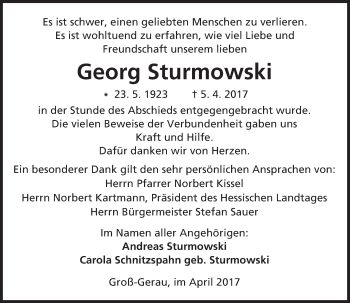 Traueranzeige von Georg Sturmowski von Trauerportal Echo Online