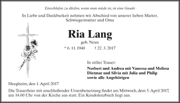 Traueranzeige von Ria Lang von  Kreisanzeiger