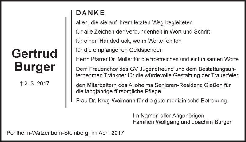  Traueranzeige für Gertrud Burger vom 01.04.2017 aus  Gießener Anzeiger