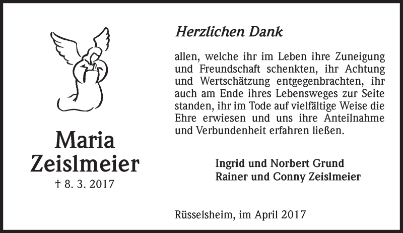  Traueranzeige für Maria Zeislmeier vom 01.04.2017 aus Trauerportal Rhein Main Presse