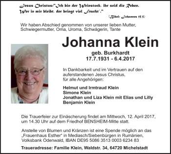 Traueranzeige von Johanna Klein von Trauerportal Echo Online