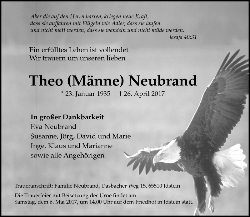  Traueranzeige für Theo Männe Neubrand vom 29.04.2017 aus Trauerportal Rhein Main Presse