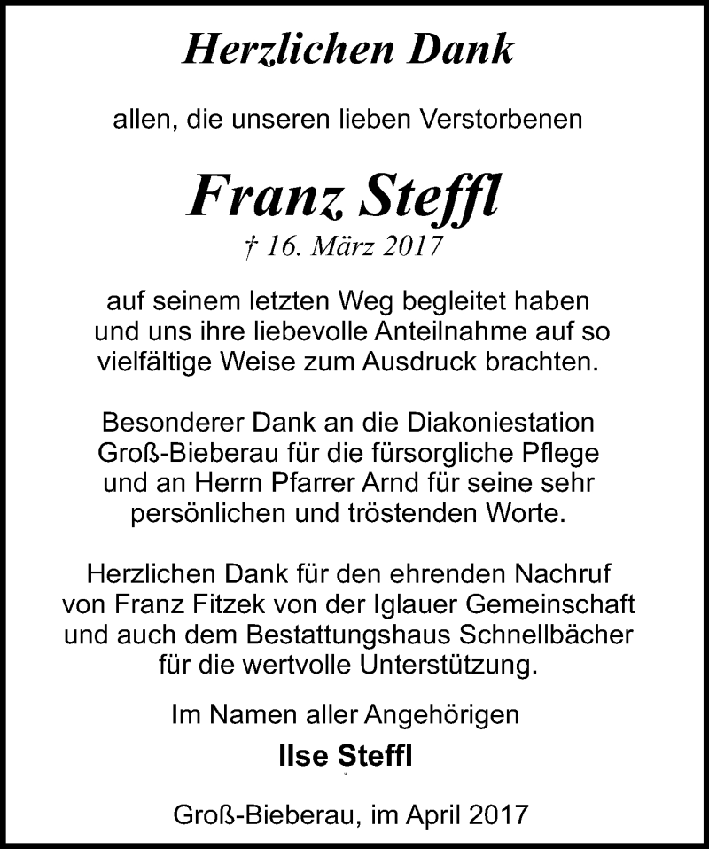  Traueranzeige für Franz Steffl vom 08.04.2017 aus Trauerportal Echo Online