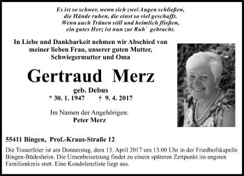 Traueranzeige von Gertraud Merz von Trauerportal Rhein Main Presse
