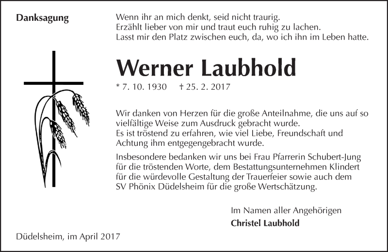 Traueranzeige für Werner Laubhold vom 01.04.2017 aus  Kreisanzeiger