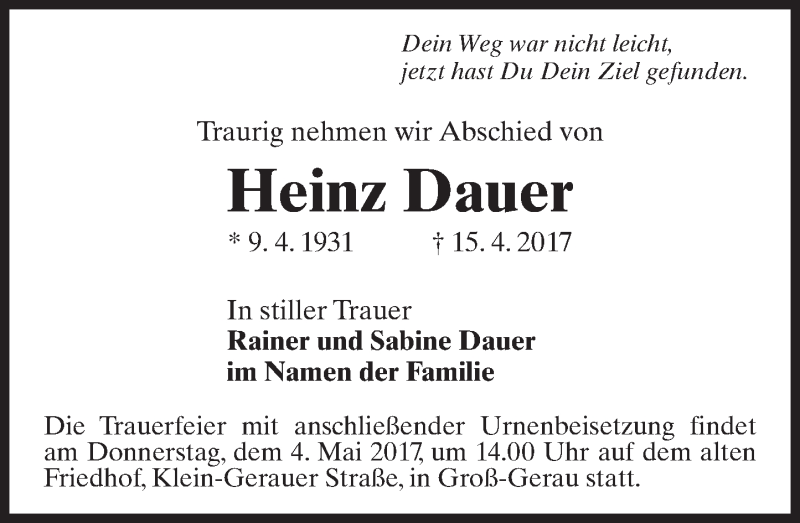  Traueranzeige für Heinz Dauer vom 22.04.2017 aus Trauerportal Echo Online