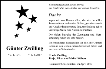 Traueranzeige von Günter Zwilling von Trauerportal Rhein Main Presse