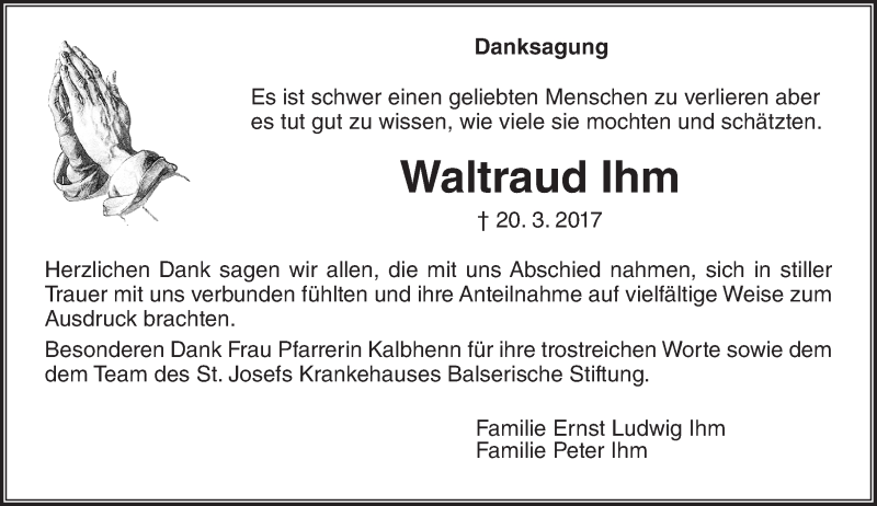  Traueranzeige für Waltraud Ihm vom 08.04.2017 aus  Gießener Anzeiger
