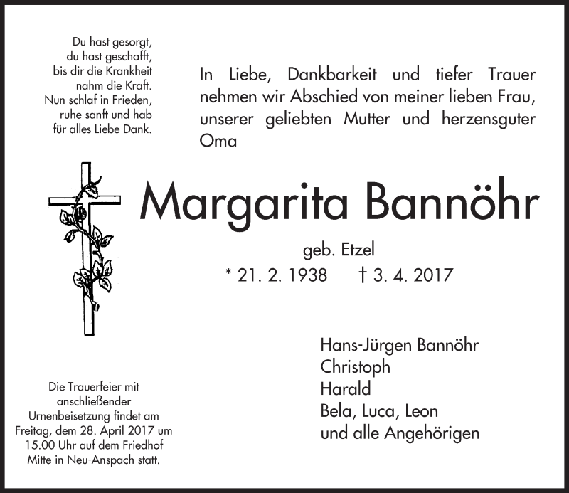  Traueranzeige für Margarita Bannöhr vom 22.04.2017 aus  Usinger Anzeiger