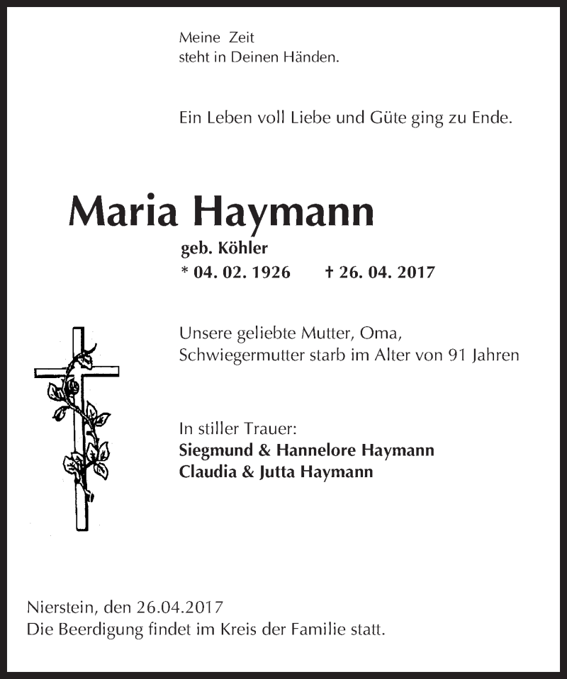  Traueranzeige für Maria Haymann vom 29.04.2017 aus Trauerportal Rhein Main Presse