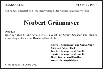 Traueranzeige von Norbert Grünmayer von Trauerportal Rhein Main Presse