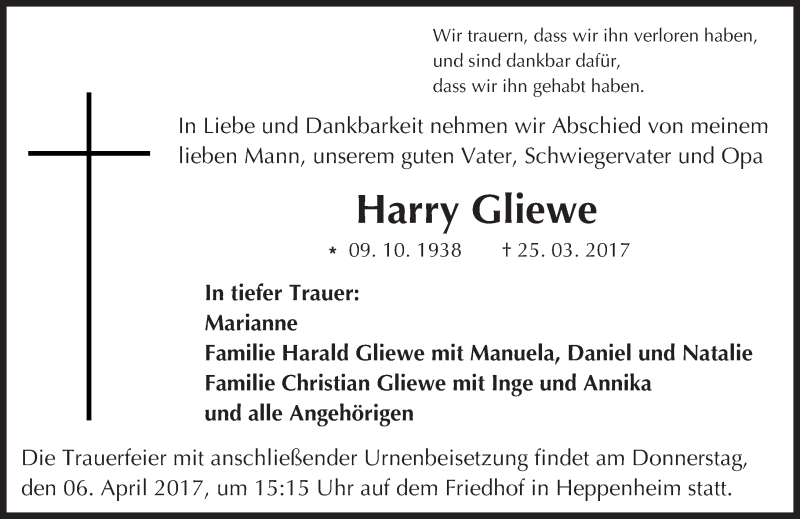  Traueranzeige für Harry Gliewe vom 04.04.2017 aus Trauerportal Echo Online