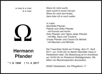 Traueranzeige von Hermann Pfander von Trauerportal Rhein Main Presse