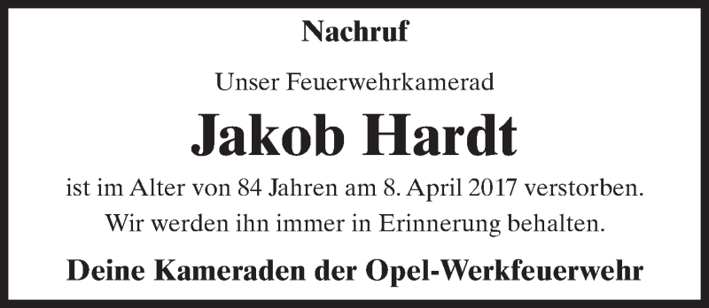  Traueranzeige für Jakob Hardt vom 22.04.2017 aus Trauerportal Rhein Main Presse
