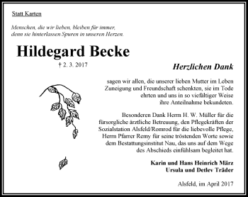 Traueranzeige von Hildegard Becke von VRM Trauer