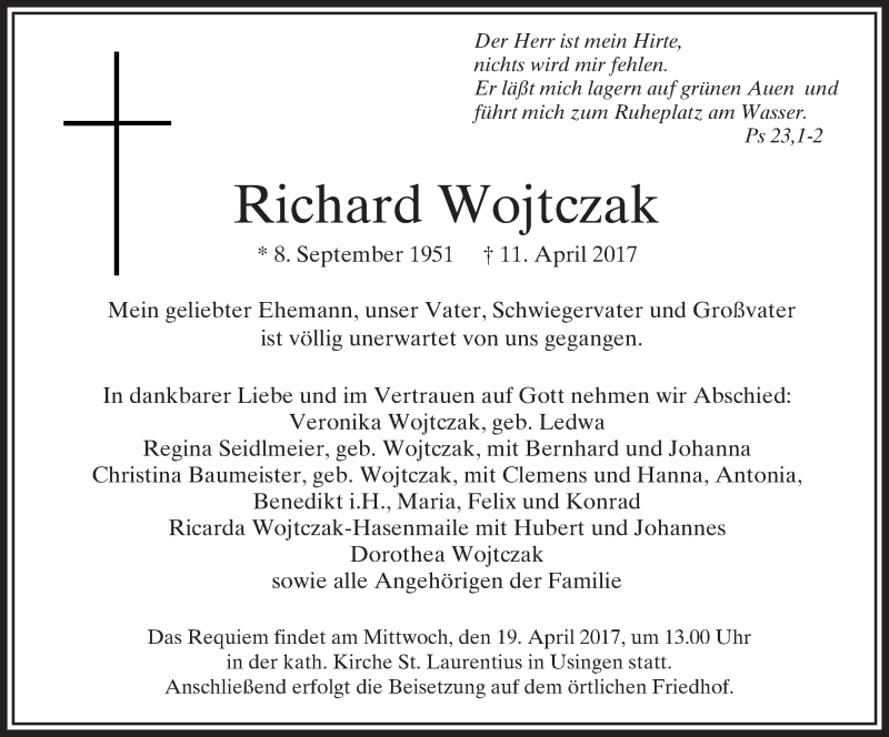  Traueranzeige für Richard Wojtczak vom 13.04.2017 aus  Usinger Anzeiger