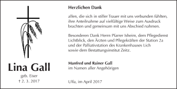 Traueranzeige von Lina Gall von  Kreisanzeiger