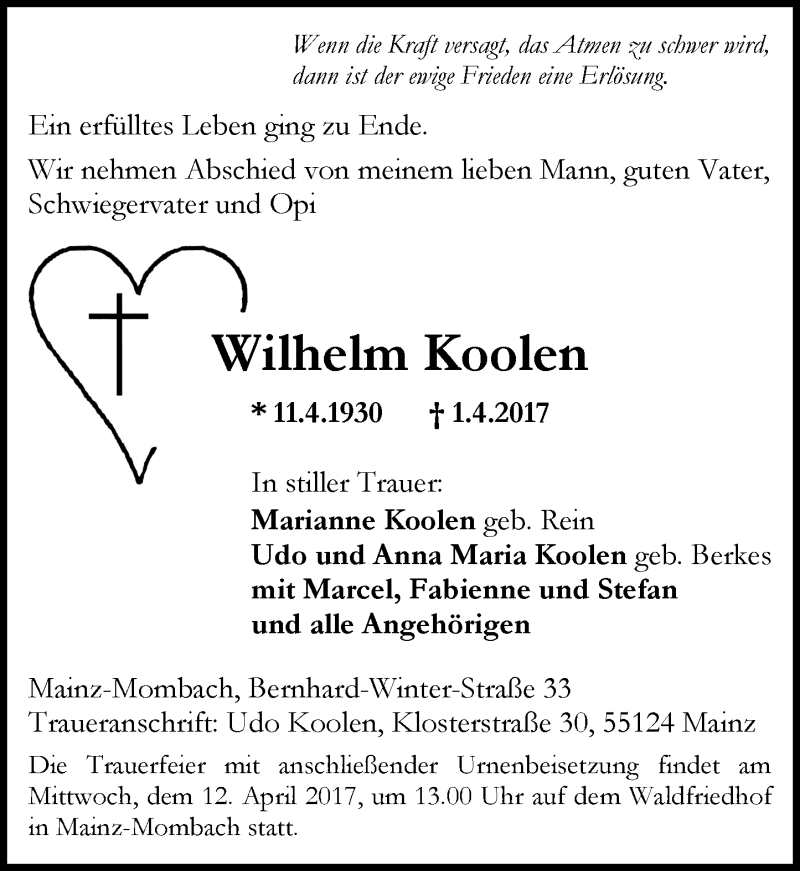  Traueranzeige für Wilhelm Koolen vom 08.04.2017 aus Trauerportal Rhein Main Presse
