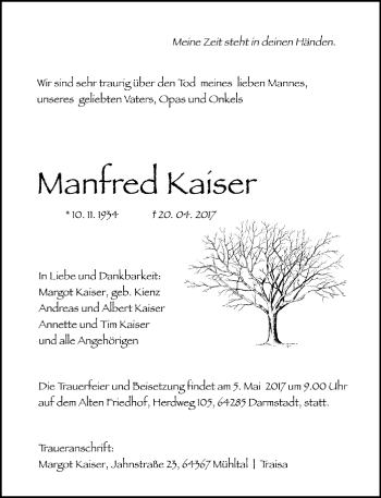 Traueranzeige von Manfred Kaiser von Trauerportal Echo Online