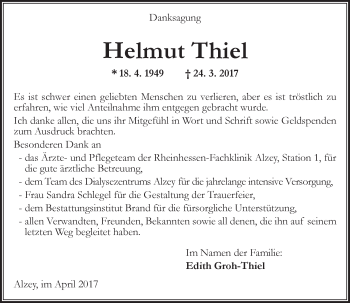 Traueranzeige von Helmut Thiel von Trauerportal Rhein Main Presse