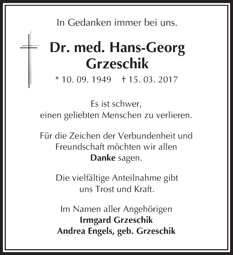  Traueranzeige für Hans-Georg Grzeschik vom 20.04.2017 aus  Camberger Anzeiger