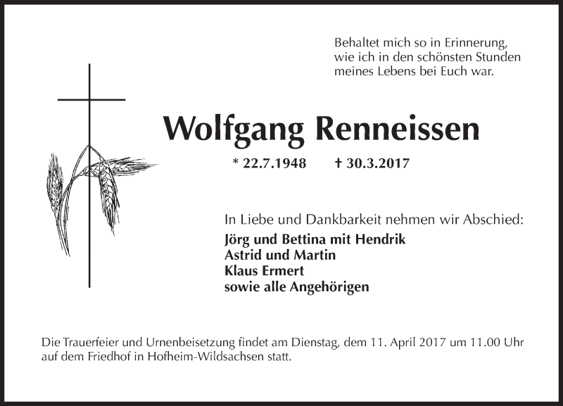  Traueranzeige für Wolfgang Renneissen vom 08.04.2017 aus Trauerportal Rhein Main Presse