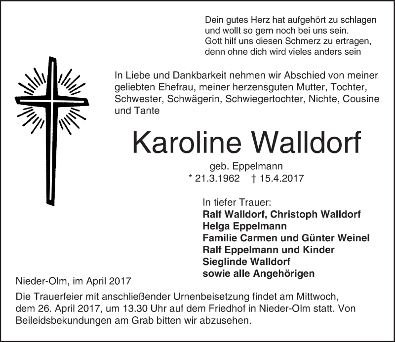  Traueranzeige für Karoline Walldorf vom 22.04.2017 aus Trauerportal Rhein Main Presse