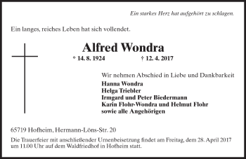 Traueranzeige von Alfred Wondra von Trauerportal Rhein Main Presse