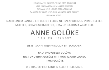 Traueranzeige von Anne Golüke von Trauerportal Echo Online