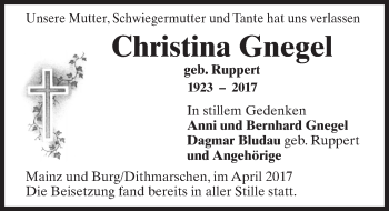 Traueranzeige von Christina Gnegel von Trauerportal Rhein Main Presse