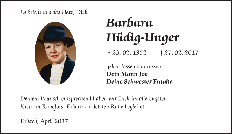  Traueranzeige für Barbara Hüdig-Unger vom 01.04.2017 aus Trauerportal Echo Online