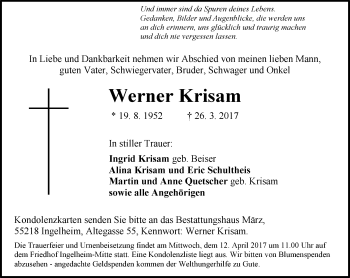Traueranzeige von Werner Krisam von Trauerportal Rhein Main Presse