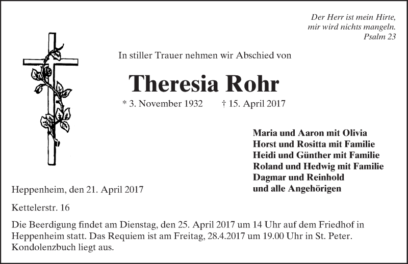  Traueranzeige für Theresia Rohr vom 21.04.2017 aus Trauerportal Echo Online