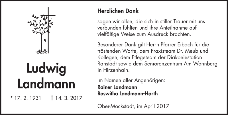  Traueranzeige für Ludwig Landmann vom 22.04.2017 aus  Kreisanzeiger