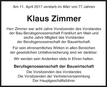 Traueranzeige von Klaus Zimmer von Trauerportal Echo Online