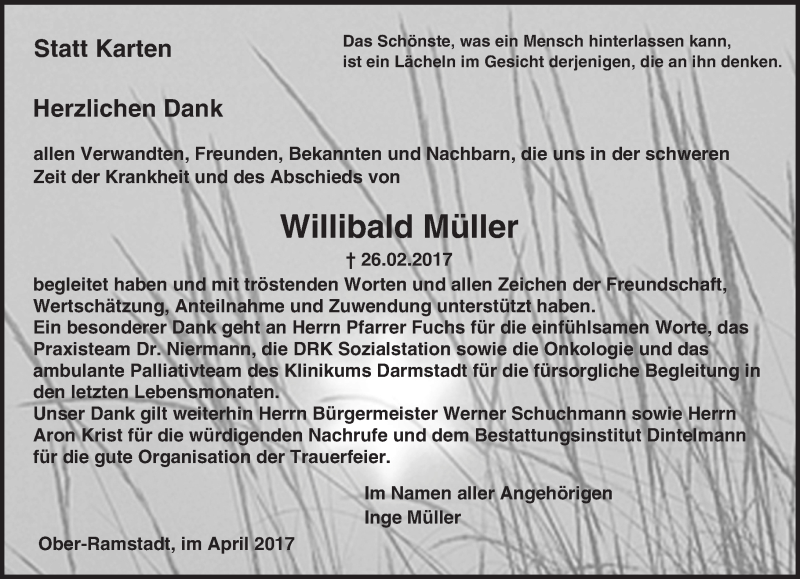  Traueranzeige für Willibald Müller vom 08.04.2017 aus Trauerportal Echo Online