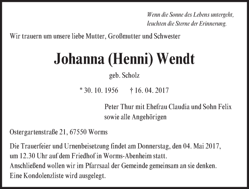  Traueranzeige für Johanna Henni Wendt vom 29.04.2017 aus Trauerportal Rhein Main Presse