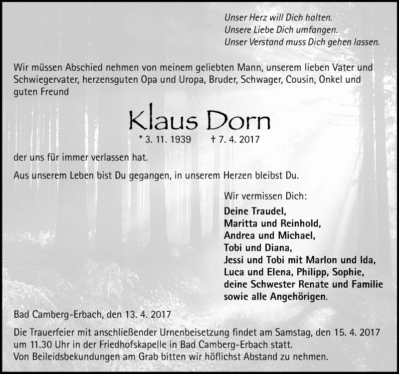  Traueranzeige für Klaus Dorn vom 13.04.2017 aus  Camberger Anzeiger